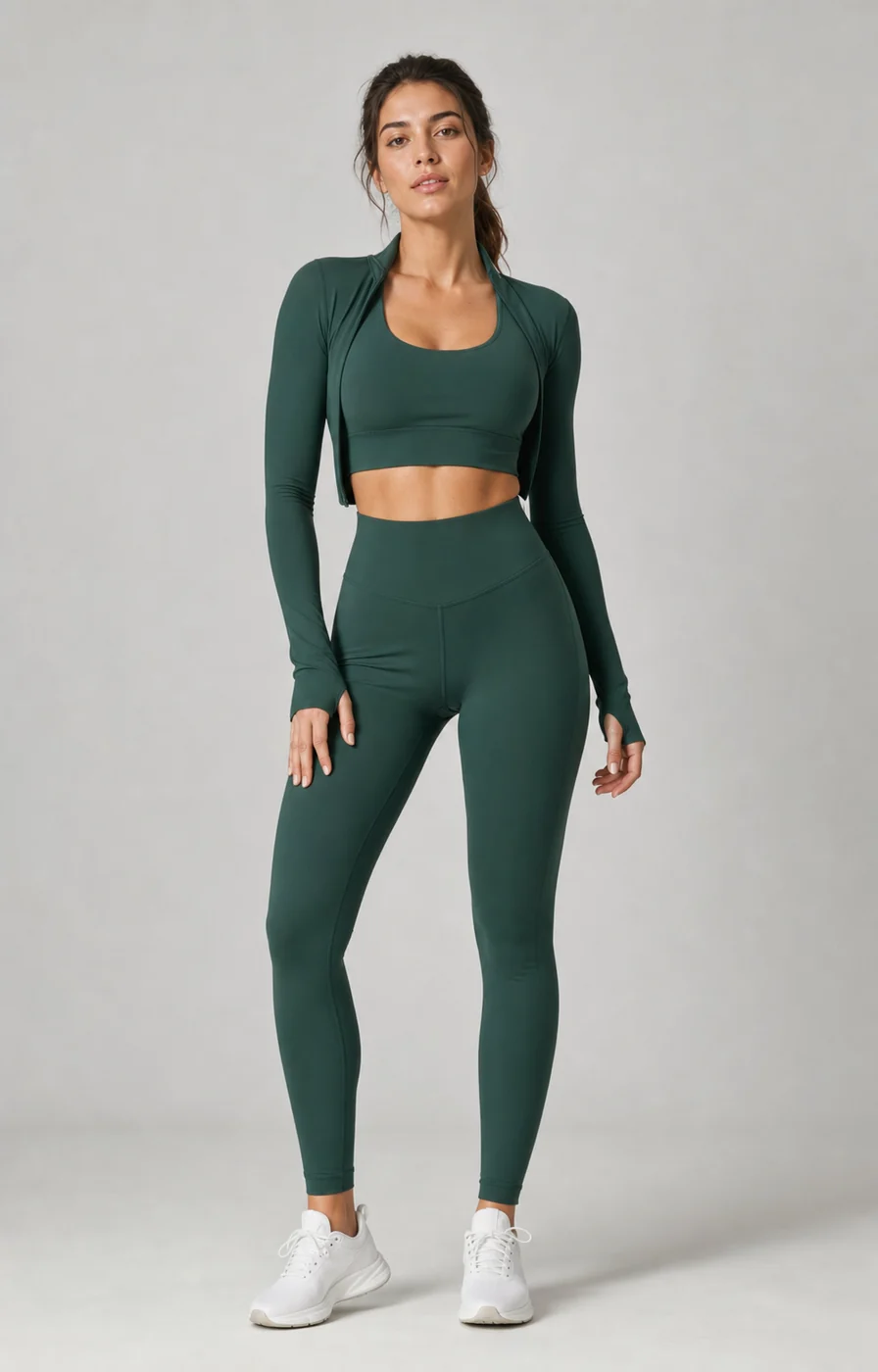 Female model wearing a deep green custom activewear set