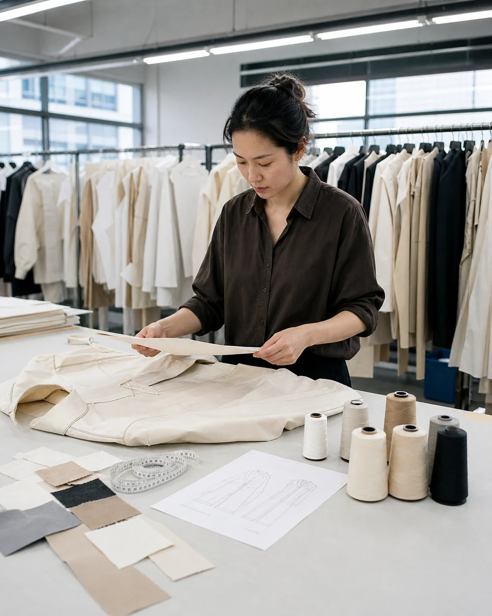 Pattern maker developing a custom garment sample in a factory sample room