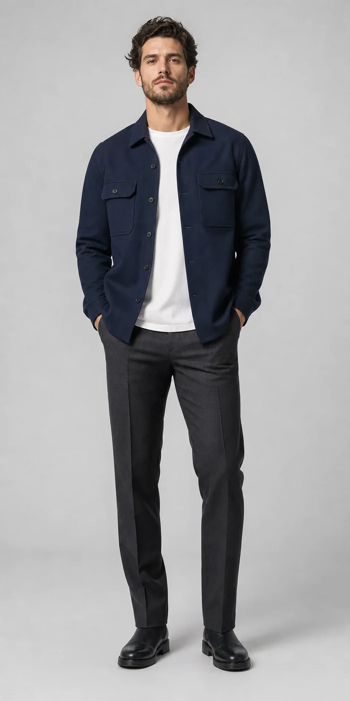 Male model wearing a navy overshirt and tailored trousers