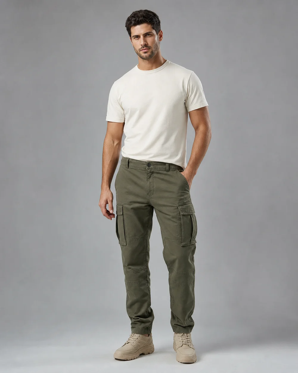 Male model wearing olive technical cargo pants