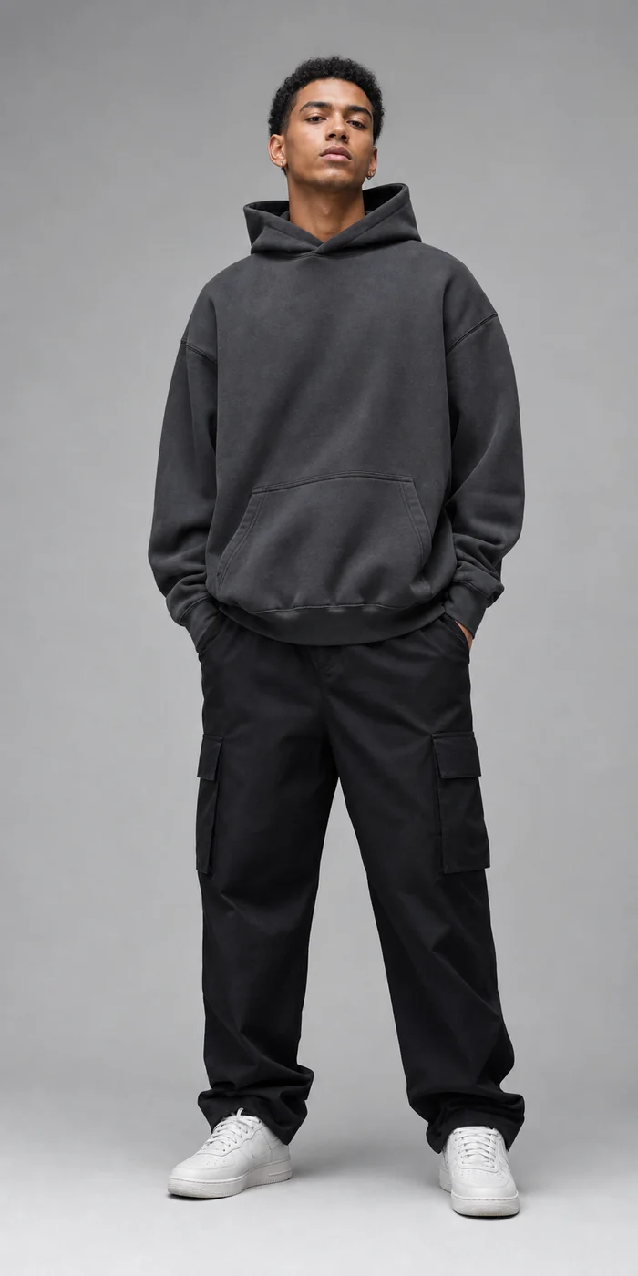 Male model wearing an oversized hoodie and cargo pants