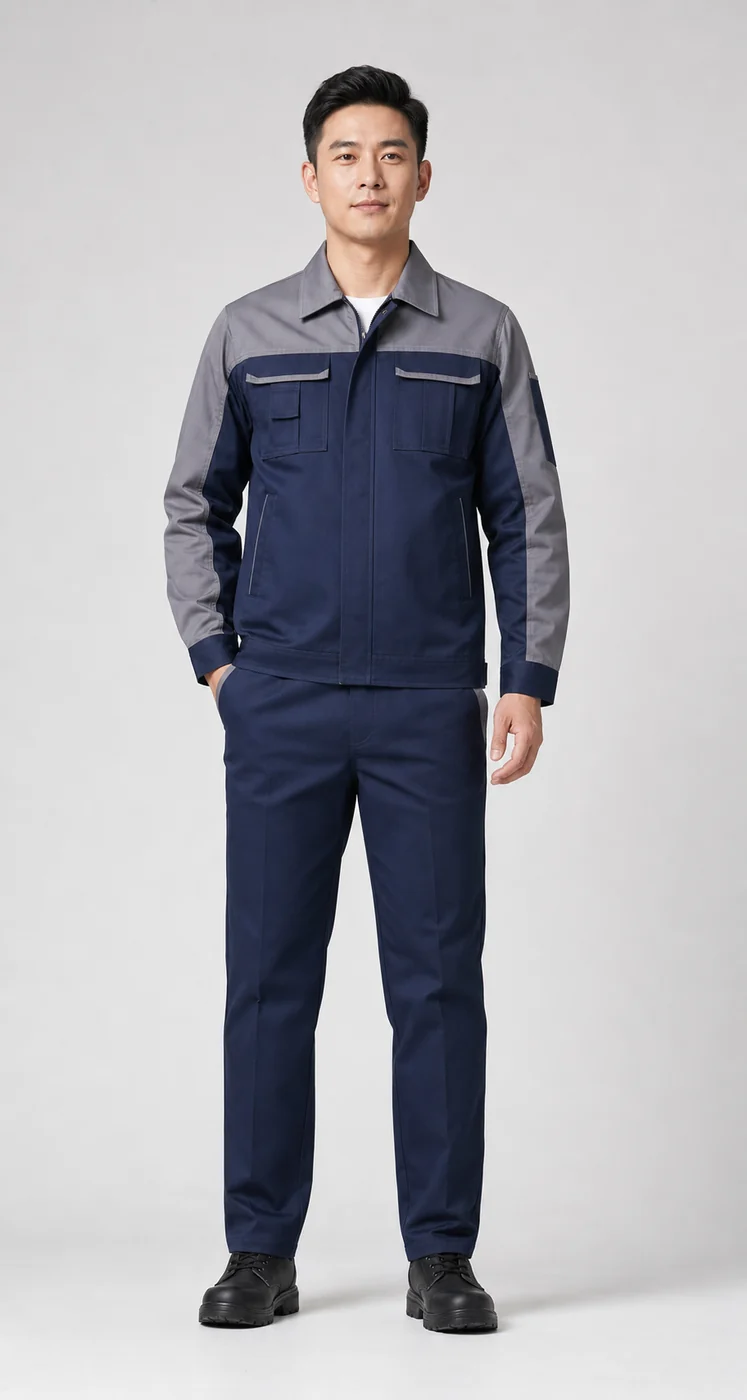 Male model wearing a navy and gray workwear uniform