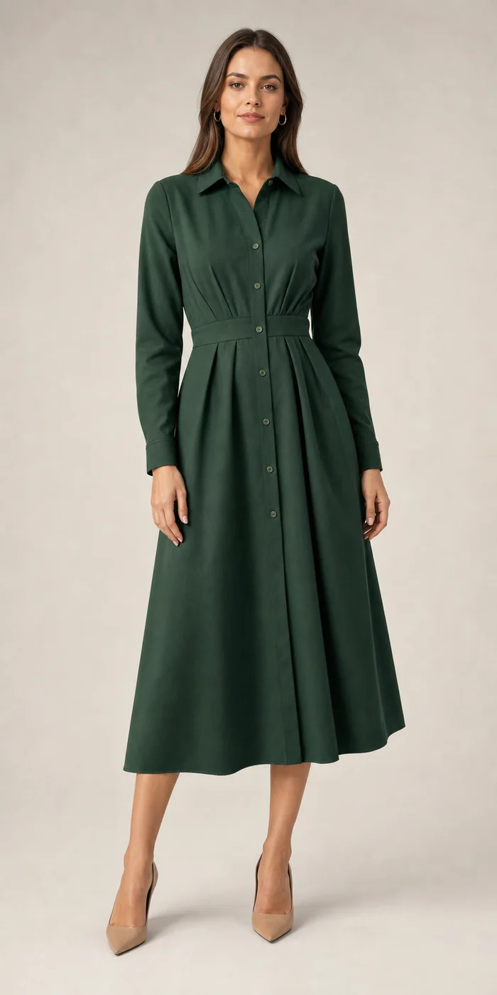 Female model wearing a tailored green shirt dress