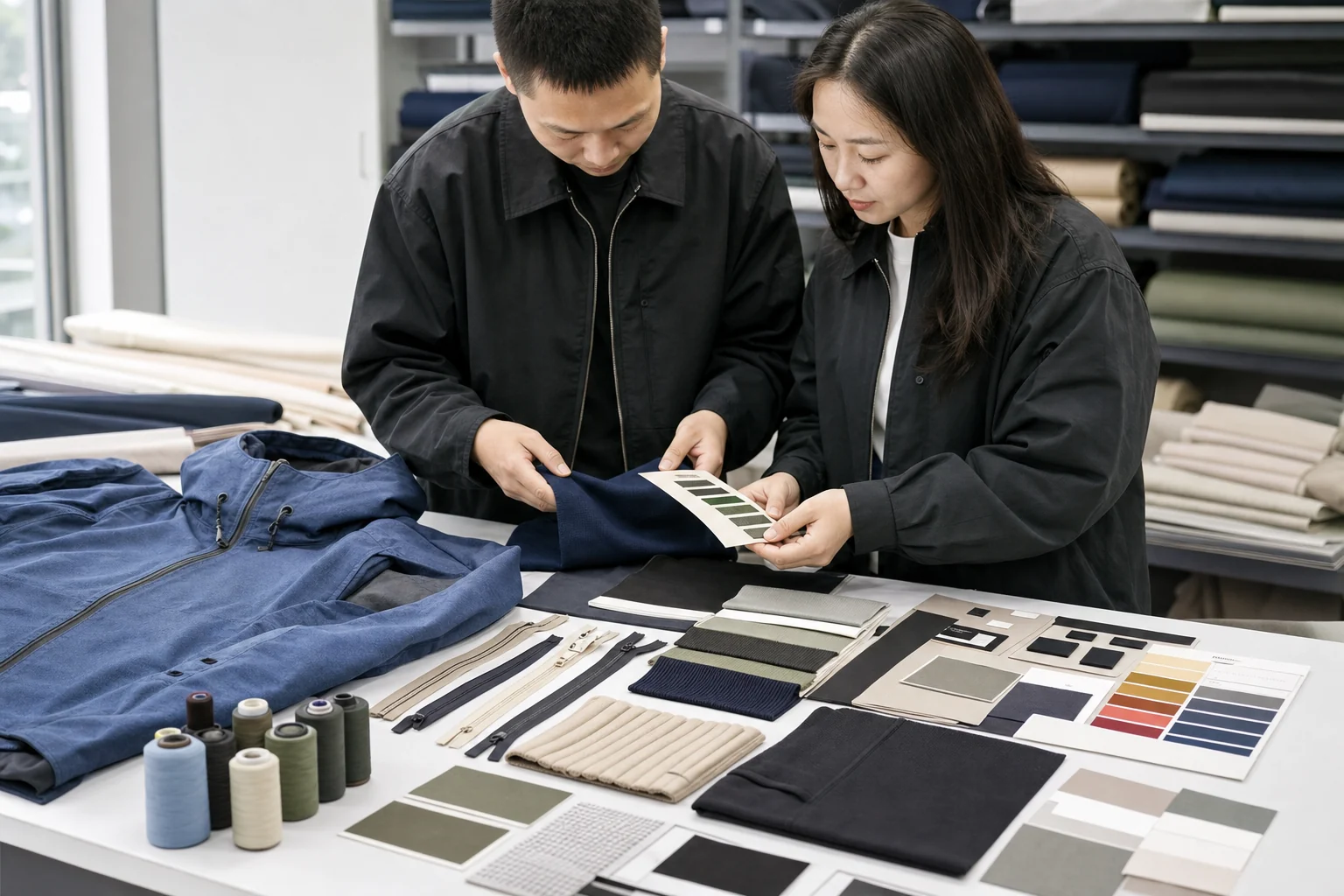 Apparel merchandisers selecting fabric, trims and zipper colors
