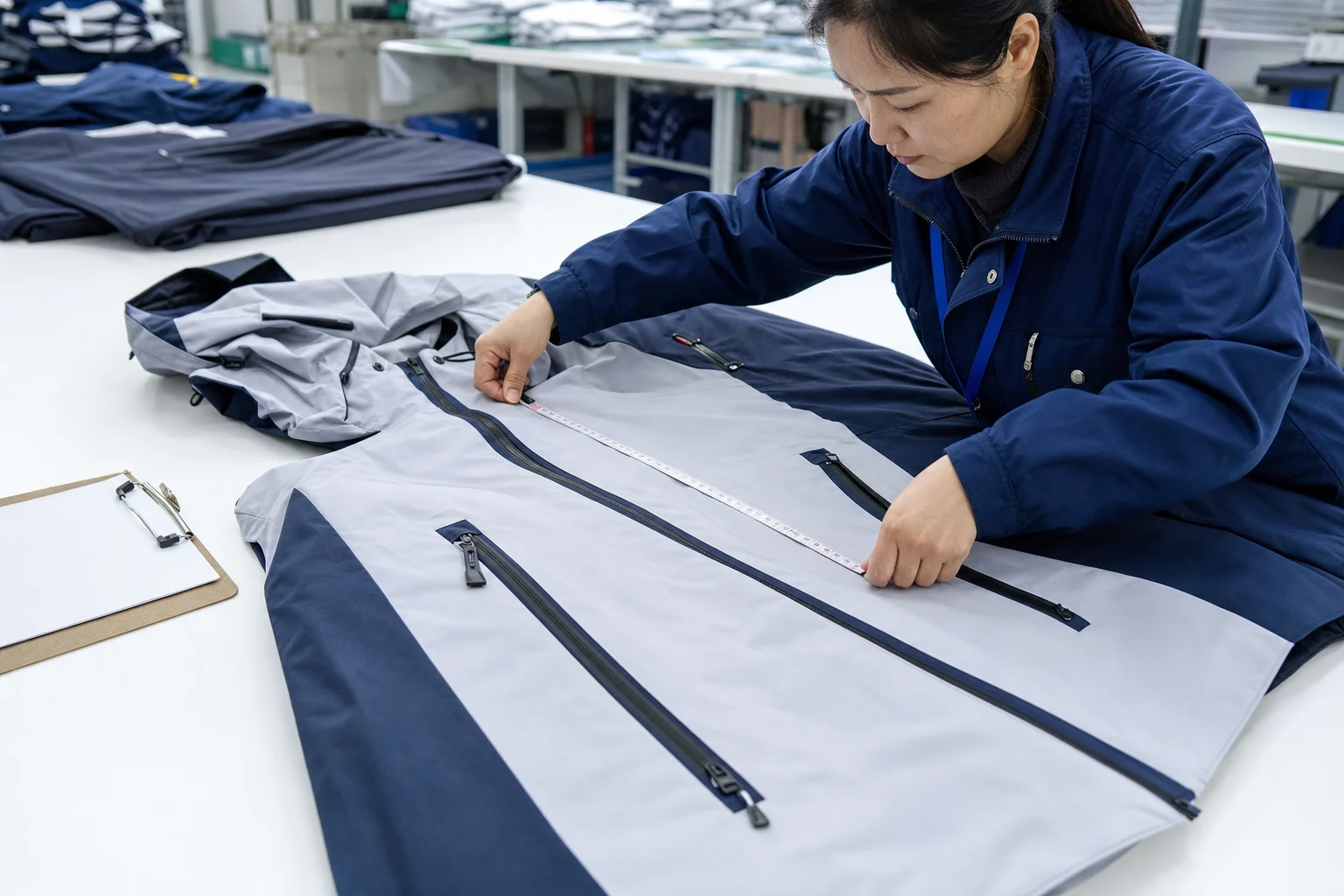 Quality control specialist measuring a finished technical jacket
