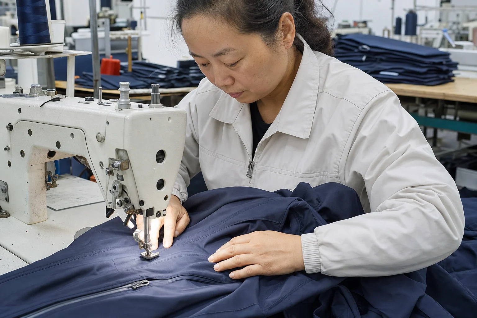 Experienced garment worker sewing a technical jacket